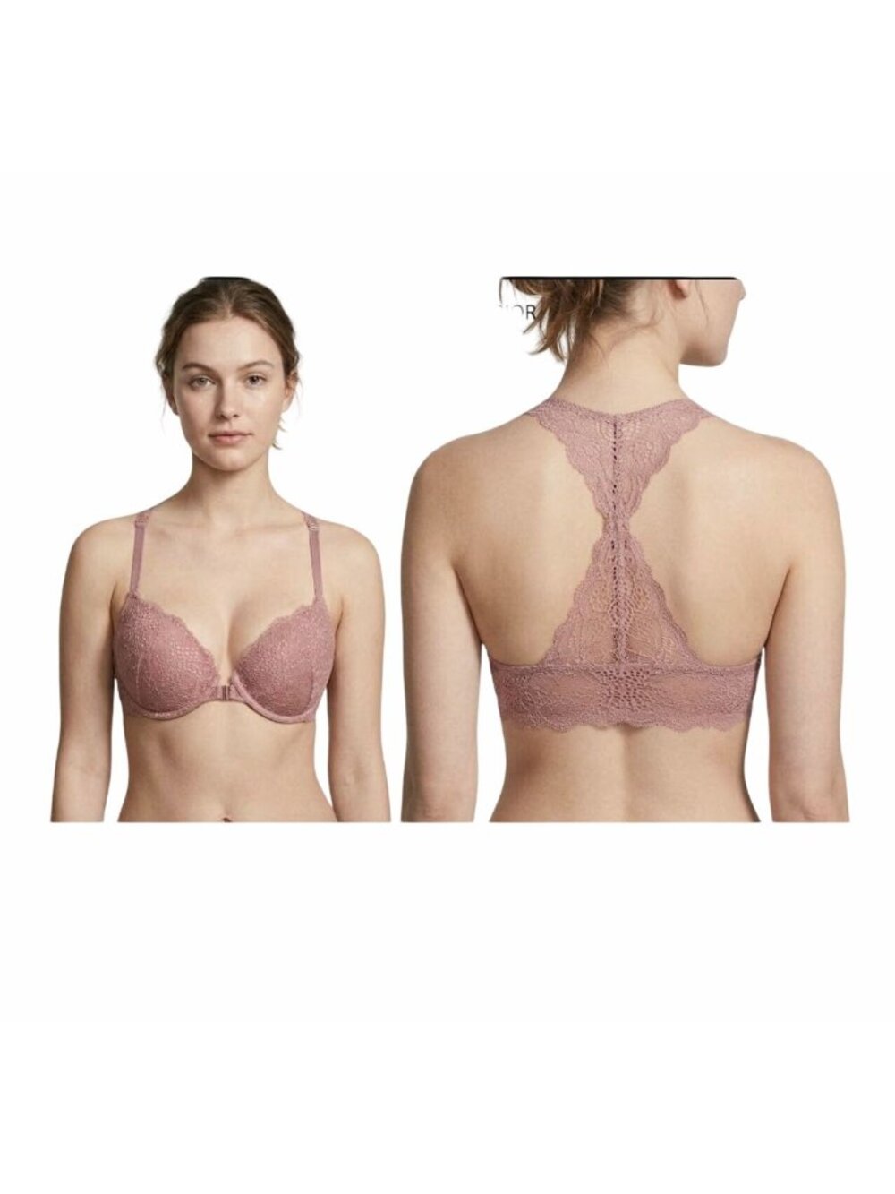 ⭐Pink Victoria PINK 32DD Push Up Wire BRA Dusty Pink Lace Front Close Racerback